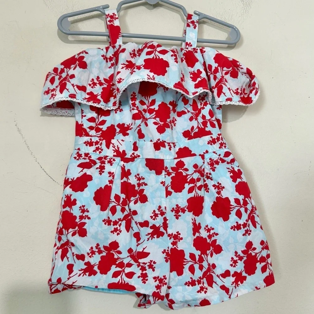 Janie and Jack Summer Floral Sky Cold Shoulder Blue and Red Romper 2T